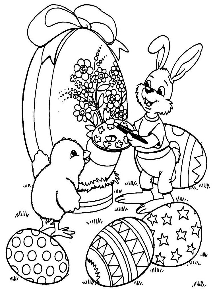 coloriage lapin et le poussin qui decore un oeuf de paques